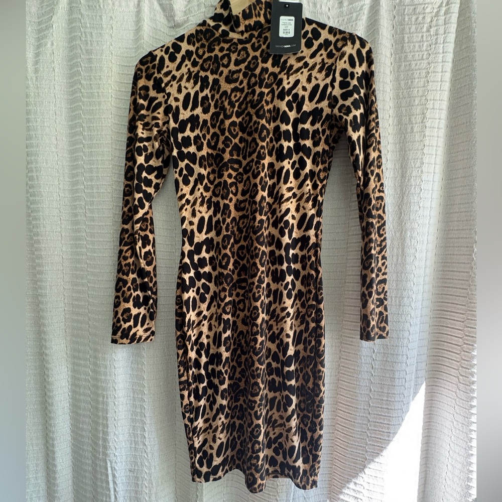 NWT Fashion Nova Black and Tan Leopard Print Long Sleeve Dress Size S